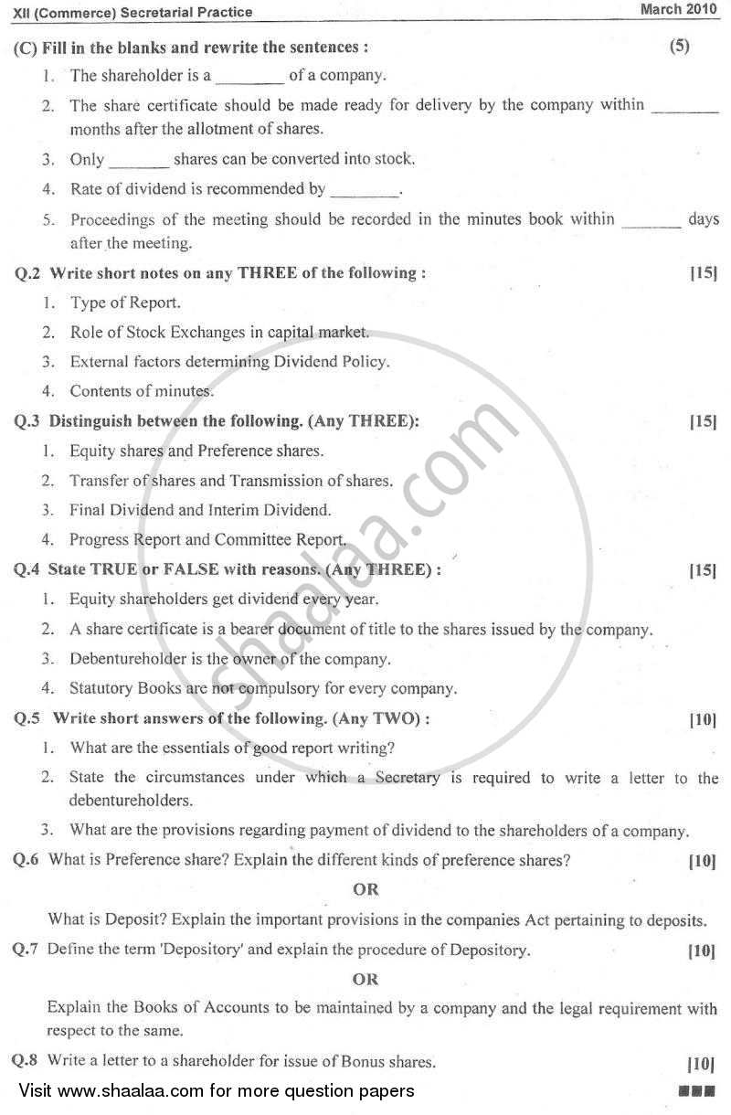 Secretarial Practice 2009-2010 - H.S.C - 12th Standard Board Exam - Maharashtra State Board (MSBSHSE) question paper with PDF download
