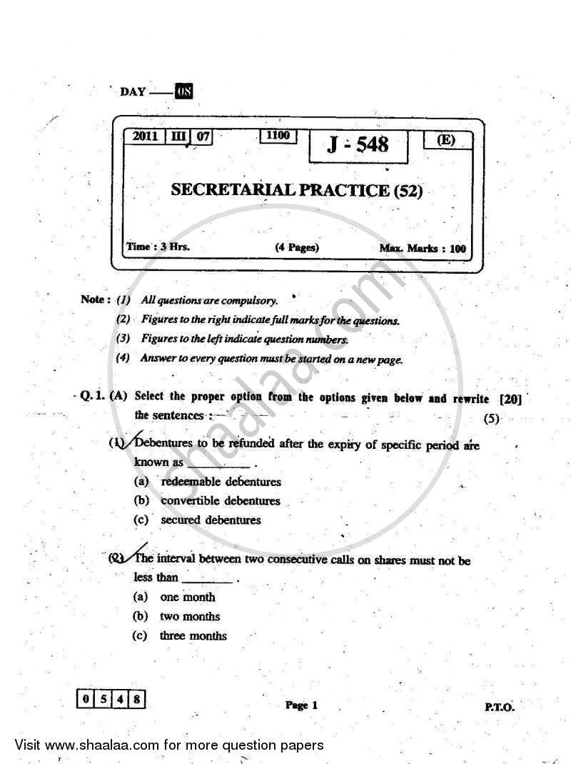 Secretarial Practice 2010-2011 - H.S.C - 12th Standard Board Exam - Maharashtra State Board (MSBSHSE) question paper with PDF download