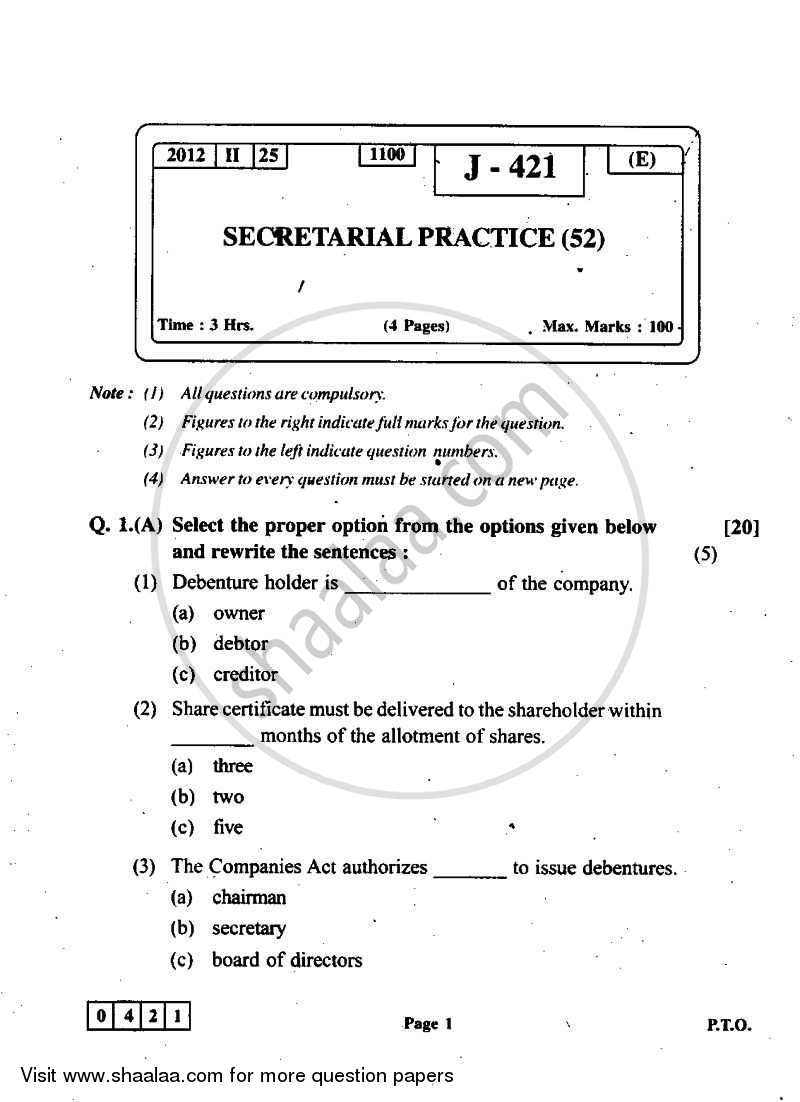 Secretarial Practice 2011-2012 - H.S.C - 12th Standard Board Exam - Maharashtra State Board (MSBSHSE) question paper with PDF download
