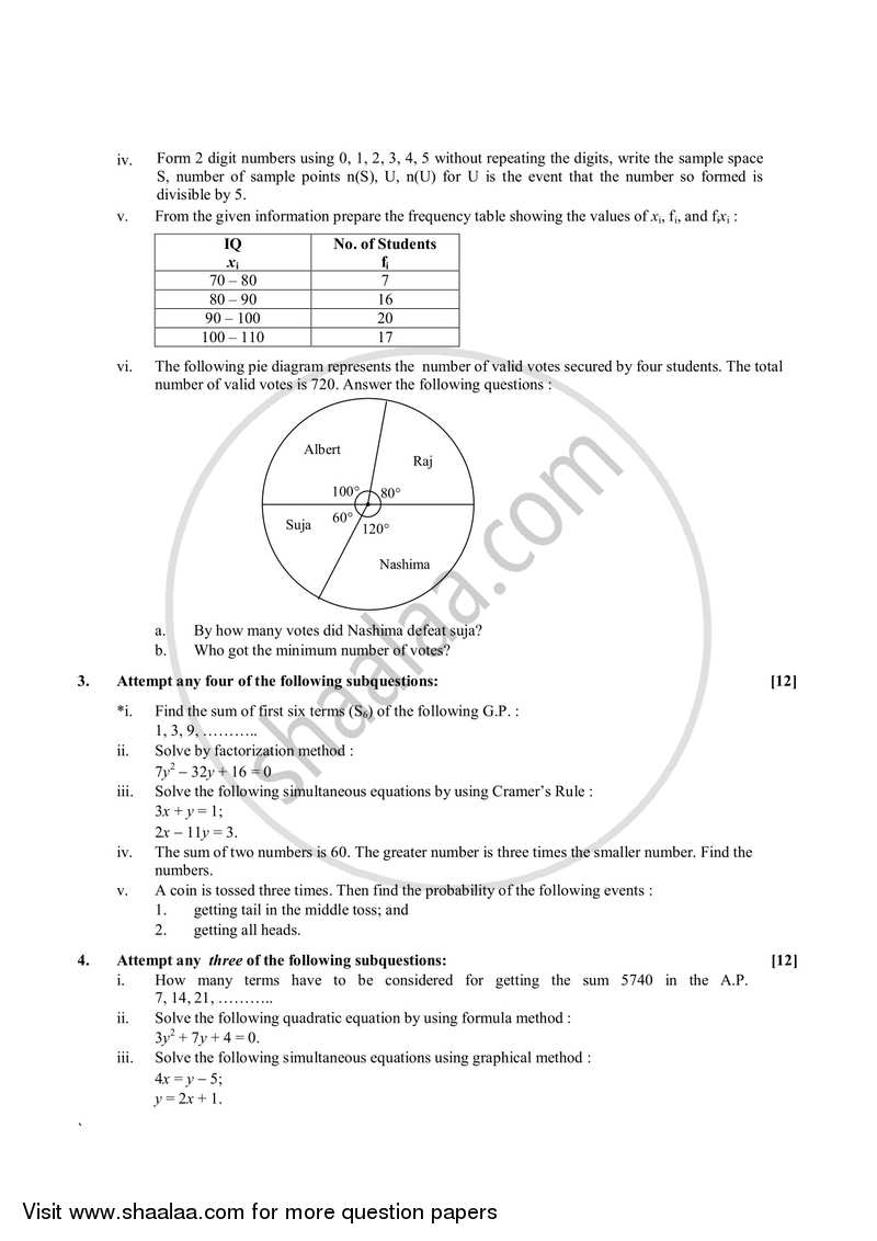 Algebra 2012-2013 - S.S.C - 10th Standard - Maharashtra State Board (MSBSHSE) question paper with PDF download