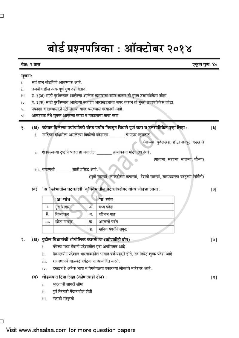 Geography [भूगोल] 2013-2014 - S.S.C - 10th Standard Board Exam [इयत्ता १० वी] - Maharashtra State Board (MSBSHSE) question paper with PDF download