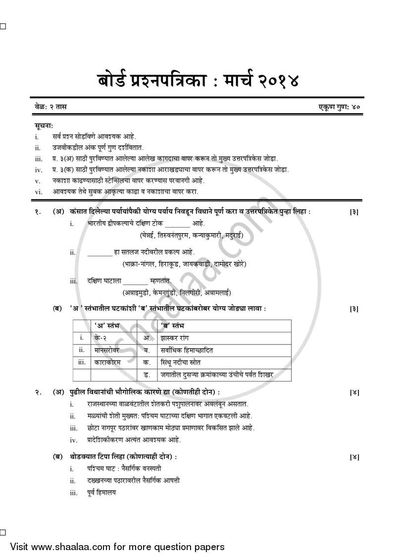 Geography [भूगोल] 2013-2014 - S.S.C - 10th Standard Board Exam [इयत्ता १० वी] - Maharashtra State Board (MSBSHSE) question paper with PDF download