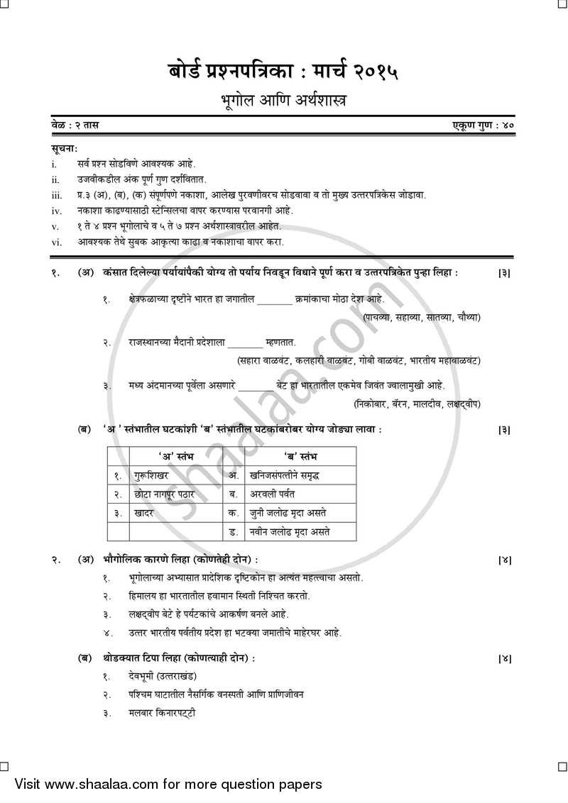 Geography [भूगोल] 2014-2015 - S.S.C - 10th Standard Board Exam [इयत्ता १० वी] - Maharashtra State Board (MSBSHSE) question paper with PDF download