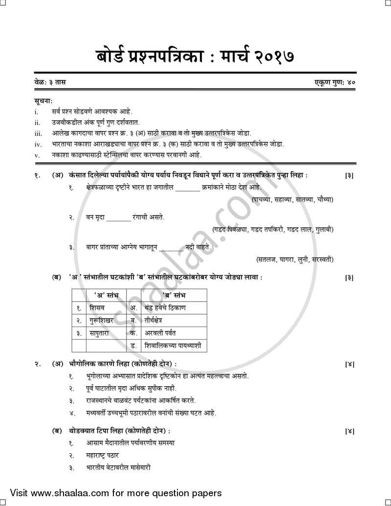 Geography [भूगोल] 2016-2017 - S.S.C - 10th Standard Board Exam [इयत्ता १० वी] - Maharashtra State Board (MSBSHSE) question paper with PDF download