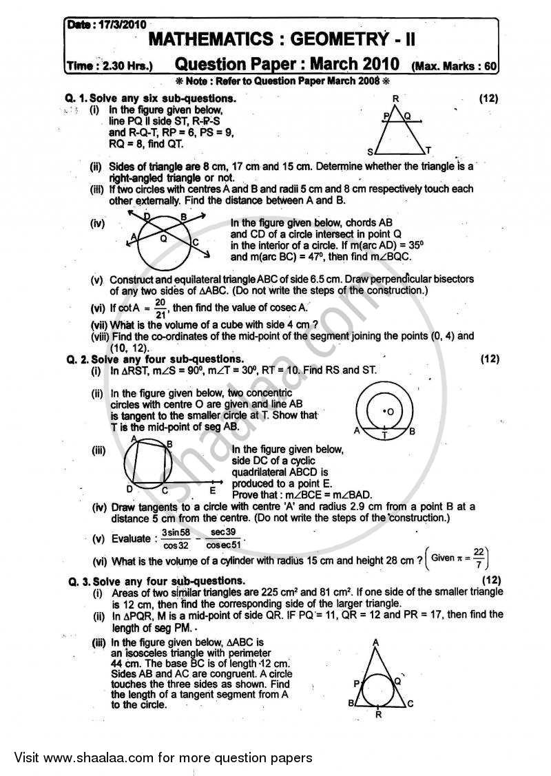 Geometry Mathematics 2 2009-2010 - S.S.C - 10th Standard - Maharashtra State Board (MSBSHSE) question paper with PDF download