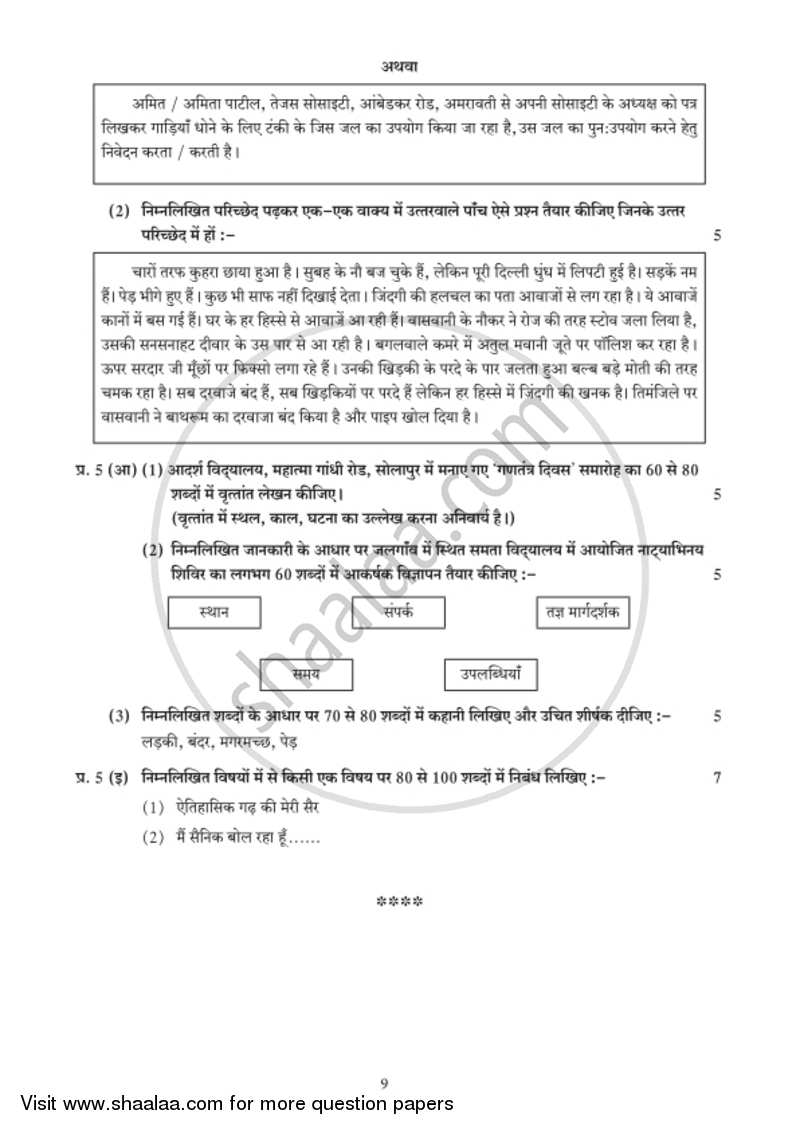 Hindi (Second/Third Language) [हिंदी (दूसरी/तीसरी भाषा)] 2018-2019 - S.S.C - 10th Standard - Maharashtra State Board (MSBSHSE) question paper with PDF download