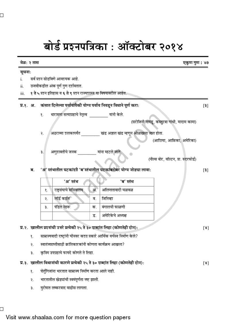History and Political Science [इतिहास व राज्यशास्त्र] 2013-2014 - S.S.C - 10th Standard Board Exam [इयत्ता १० वी] - Maharashtra State Board (MSBSHSE) question paper with PDF download