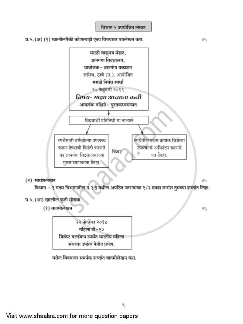Marathi (Second Language) [मराठी (द्वितीय भाषा)] 2018-2019 - S.S.C - 10th Standard - Maharashtra State Board (MSBSHSE) question paper with PDF download