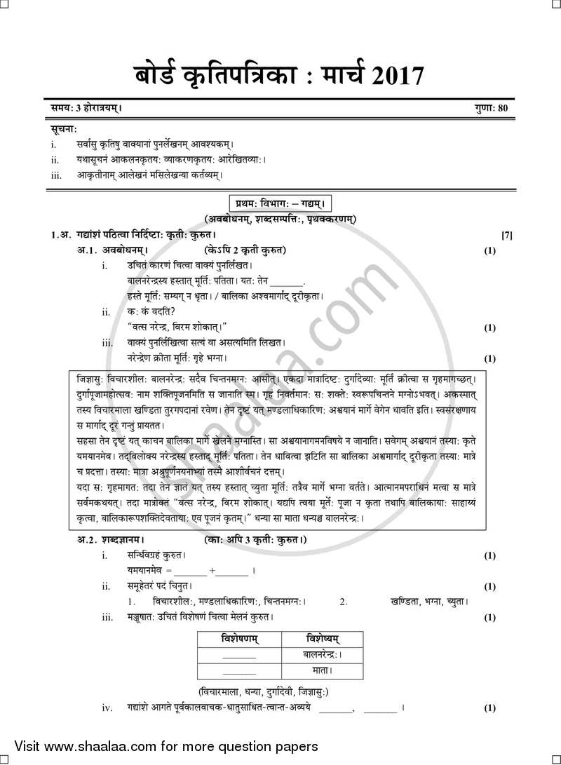 Sanskrit (Second Language) [संस्कृत (द्वितीय भाषा)] 2016-2017 - S.S.C - 10th Standard - Maharashtra State Board (MSBSHSE) question paper with PDF download