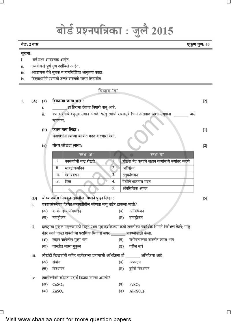 Science and Technology 2 [विज्ञान आणि तंत्रज्ञान २] 2014-2015 - S.S.C - 10th Standard Board Exam [इयत्ता १० वी] - Maharashtra State Board (MSBSHSE) question paper with PDF download