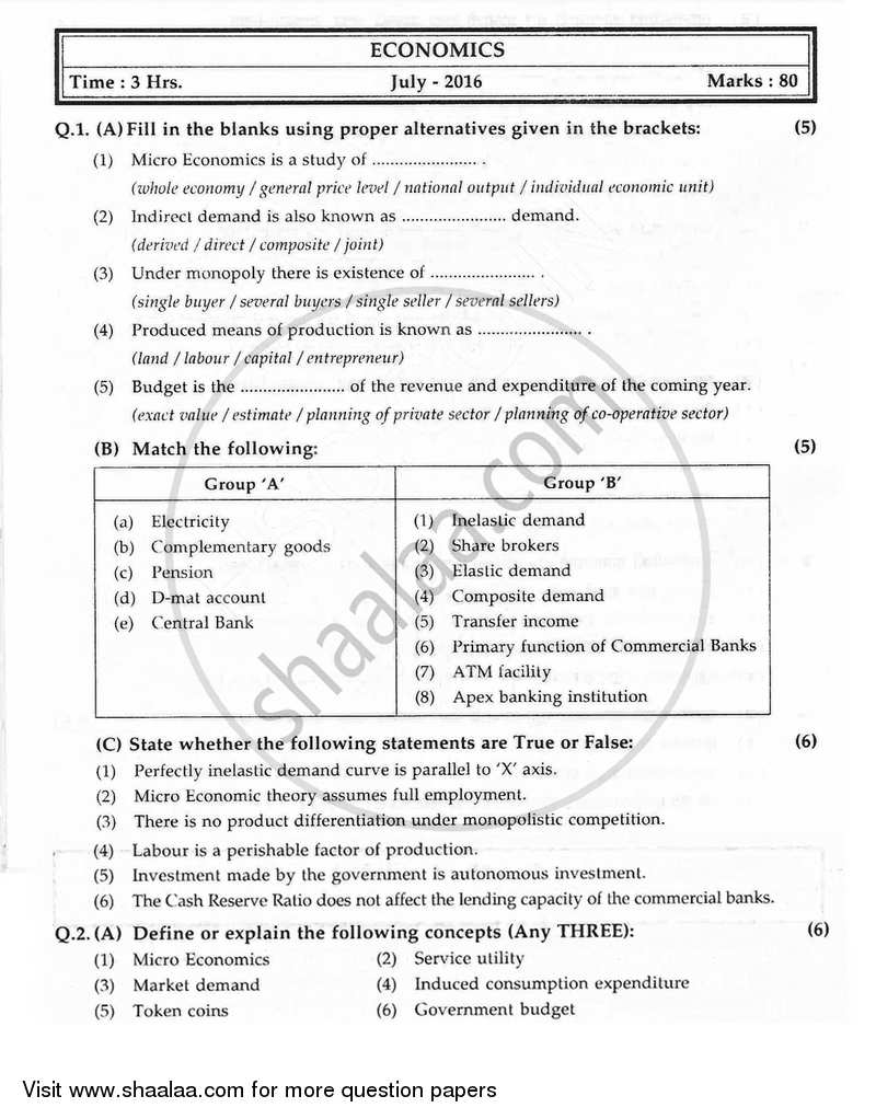 Question Paper HSC Commerce (Marketing and Salesmanship) 12th Board Exam Economics 20152016