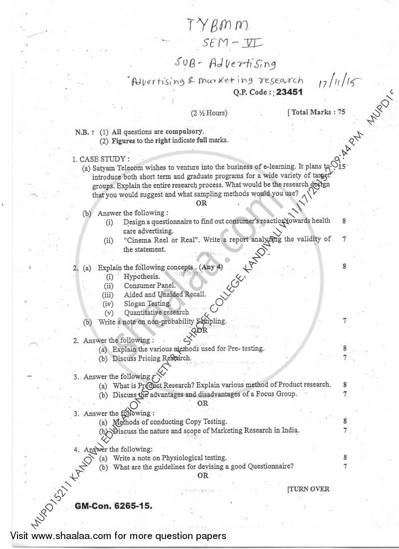 Advertising and Marketing Research 2015-2016 Semester 6 - University of Mumbai question paper with PDF download
