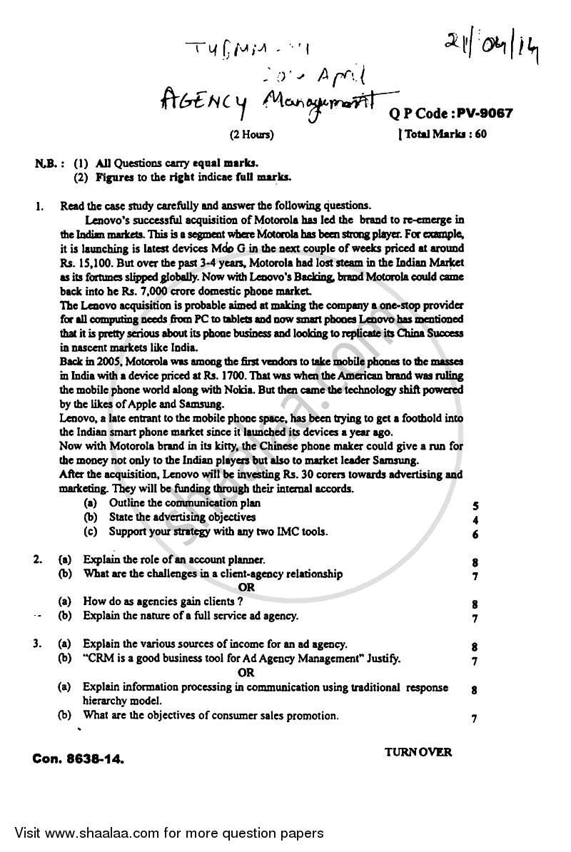 Agency Management 2013-2014 Semester 6 - University of Mumbai question paper with PDF download