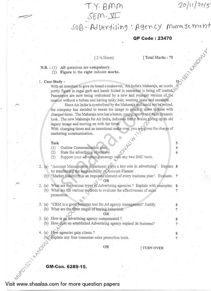 Agency Management 2015-2016 Semester 6 - University of Mumbai question paper with PDF download