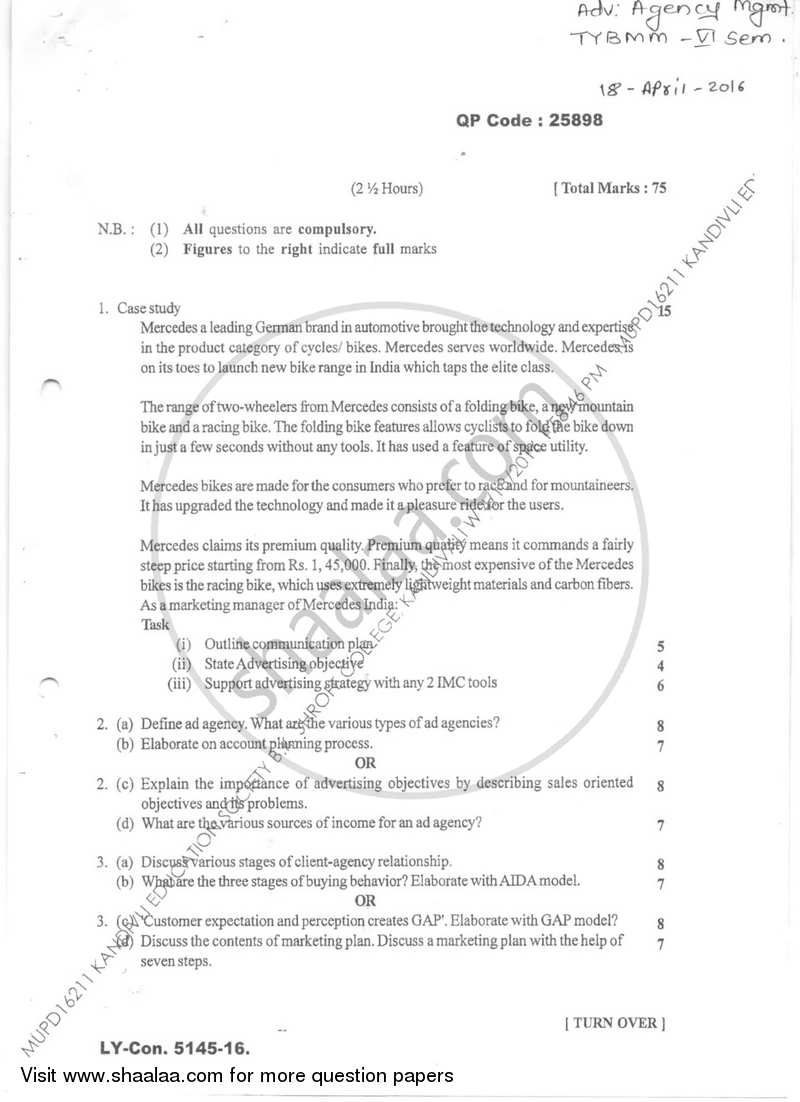 Agency Management 2015-2016 Semester 6 - University of Mumbai question paper with PDF download