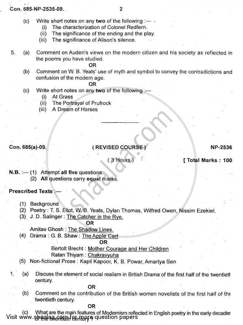 20th Century British Literature 2008-2009 - B.A. - Semester 6 (TYBA) - University of Mumbai question paper with PDF download