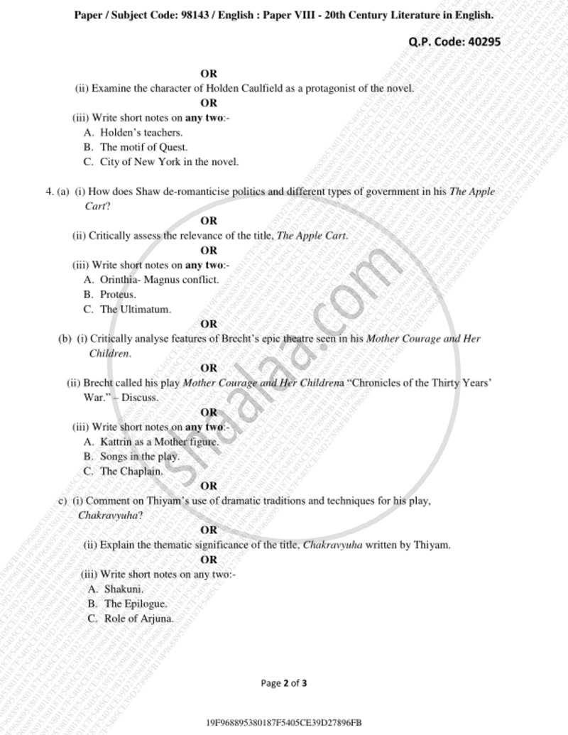 20th Century Literature in English 2018-2019 - B.A. - 3rd Year (TYBA) - University of Mumbai question paper with PDF download