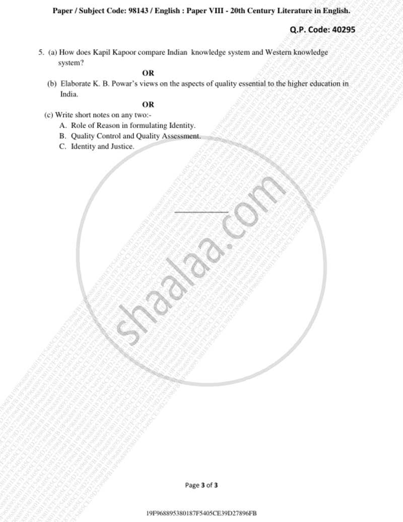 20th Century Literature in English 2018-2019 - B.A. - 3rd Year (TYBA) - University of Mumbai question paper with PDF download