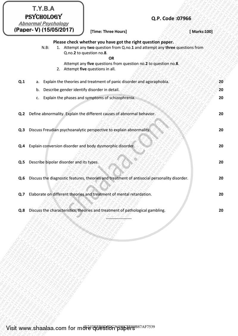 Abnormal Psychology 2016-2017 - B.A. - 3rd Year (TYBA) - University of Mumbai question paper with PDF download