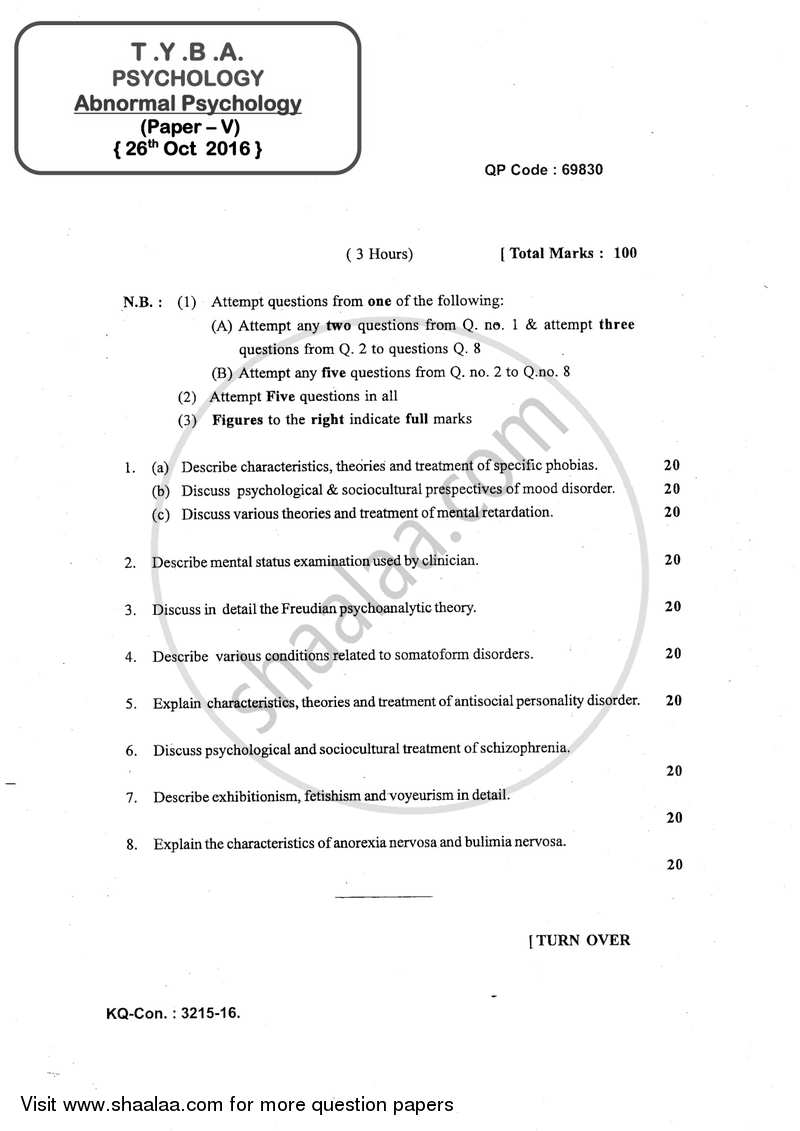 Abnormal Psychology 2016-2017 - B.A. - 3rd Year (TYBA) - University of Mumbai question paper with PDF download