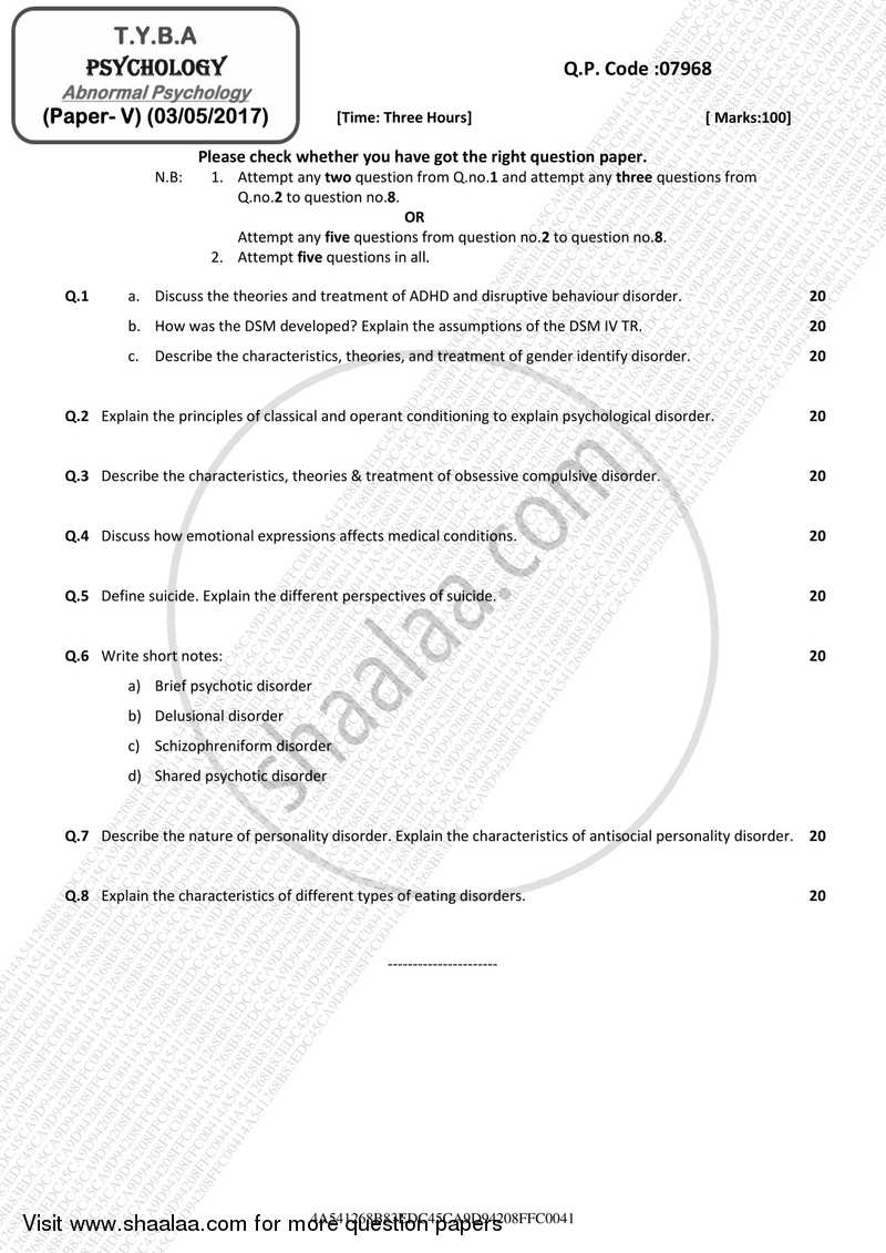 Abnormal Psychology 2016-2017 - B.A. - 3rd Year (TYBA) - University of Mumbai question paper with PDF download