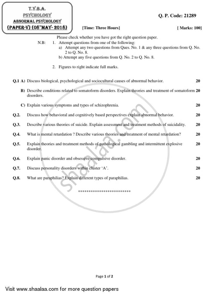 Abnormal Psychology 2017-2018 - B.A. - 3rd Year (TYBA) - University of Mumbai question paper with PDF download