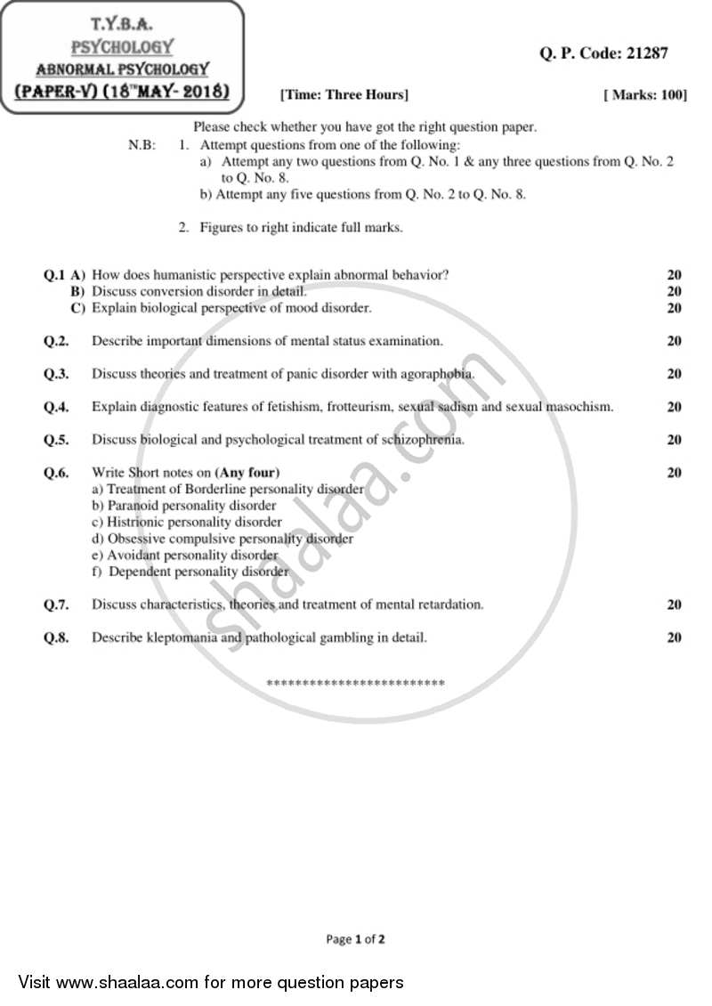 Abnormal Psychology 2017-2018 - B.A. - 3rd Year (TYBA) - University of Mumbai question paper with PDF download