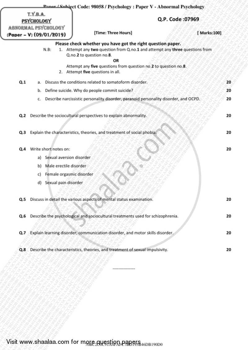 Abnormal Psychology 2018-2019 - B.A. - 3rd Year (TYBA) - University of Mumbai question paper with PDF download