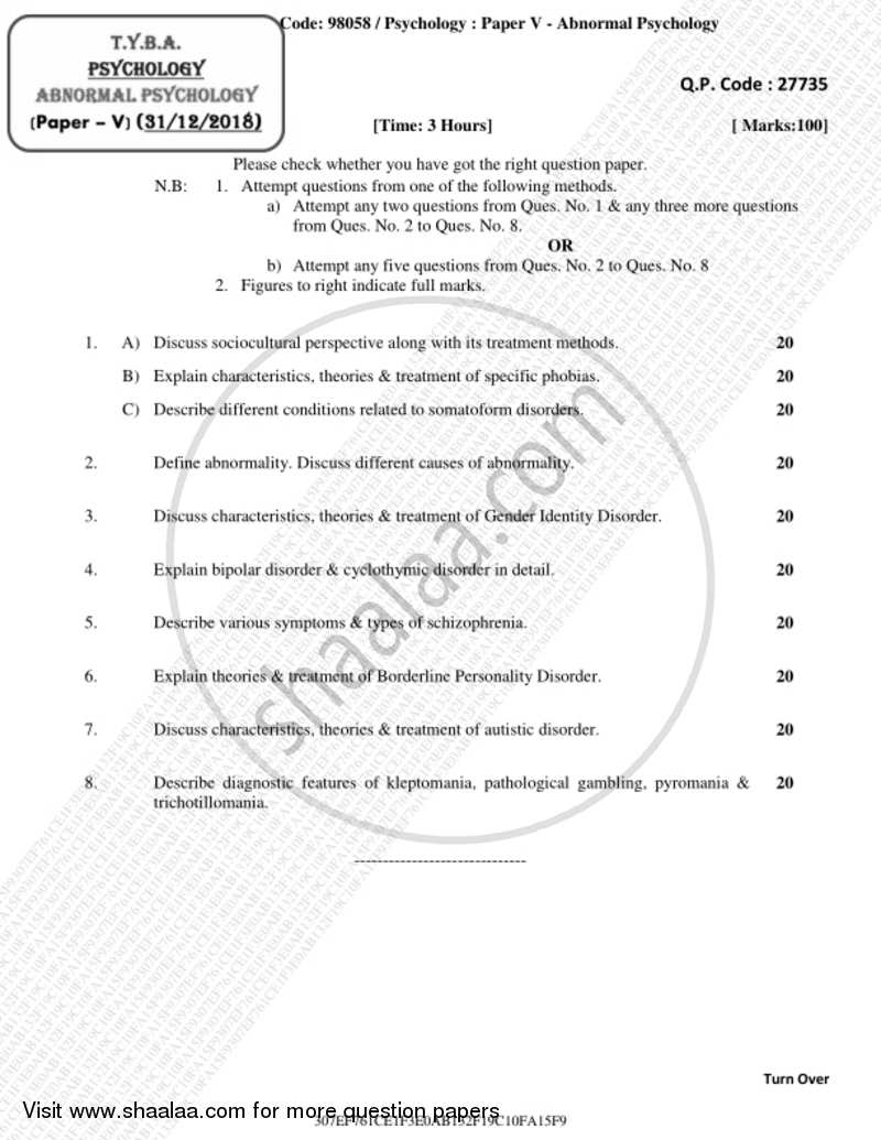 Abnormal Psychology 2018-2019 - B.A. - 3rd Year (TYBA) - University of Mumbai question paper with PDF download