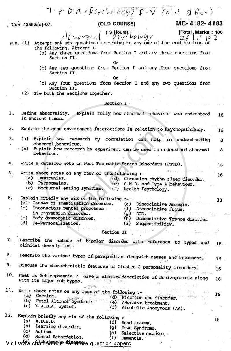Abnormal Psychology 2007-2008 - B.A. - Semester 6 (TYBA) - University of Mumbai question paper with PDF download