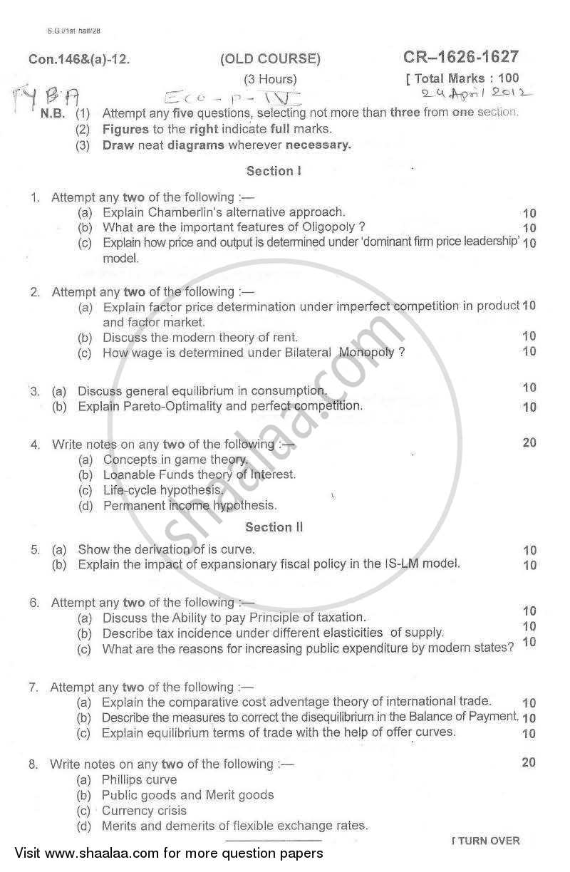 Advanced Economic Theory 2011-2012 - B.A. - Semester 5 (TYBA) - University of Mumbai question paper with PDF download