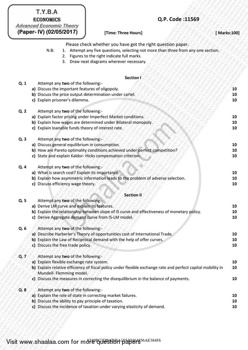Advanced Economic Theory 2016-2017 - B.A. - 3rd Year (TYBA) - University of Mumbai question paper with PDF download