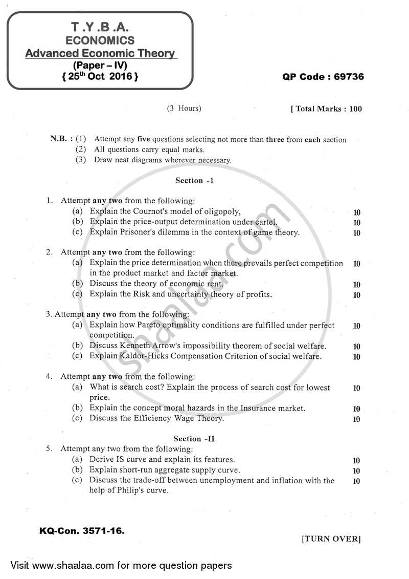 Advanced Economic Theory 2016-2017 - B.A. - 3rd Year (TYBA) - University of Mumbai question paper with PDF download