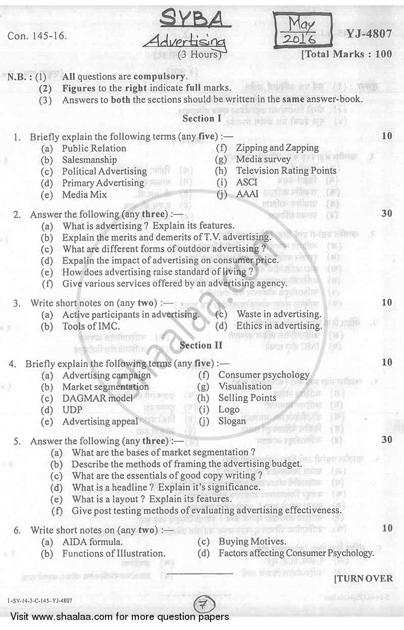Advertising 2015-2016 - B.A. - 2nd Year (SYBA) - University of Mumbai question paper with PDF download