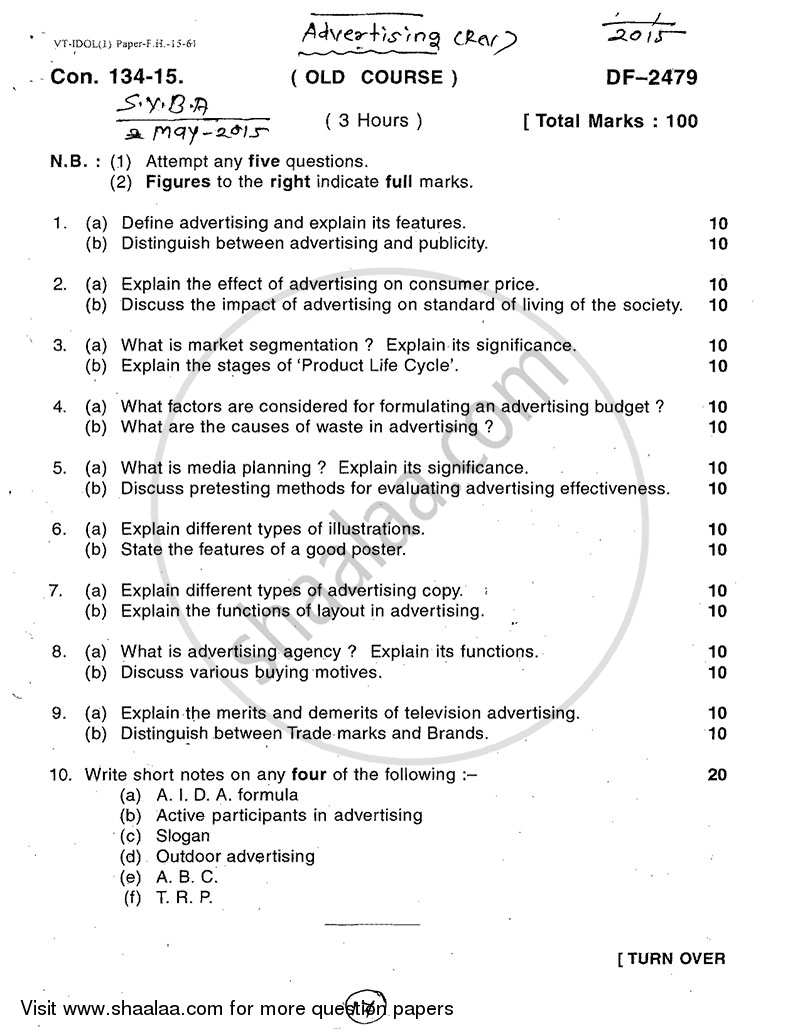 Advertising 2014-2015 - B.A. - 2nd Year (SYBA) - University of Mumbai question paper with PDF download