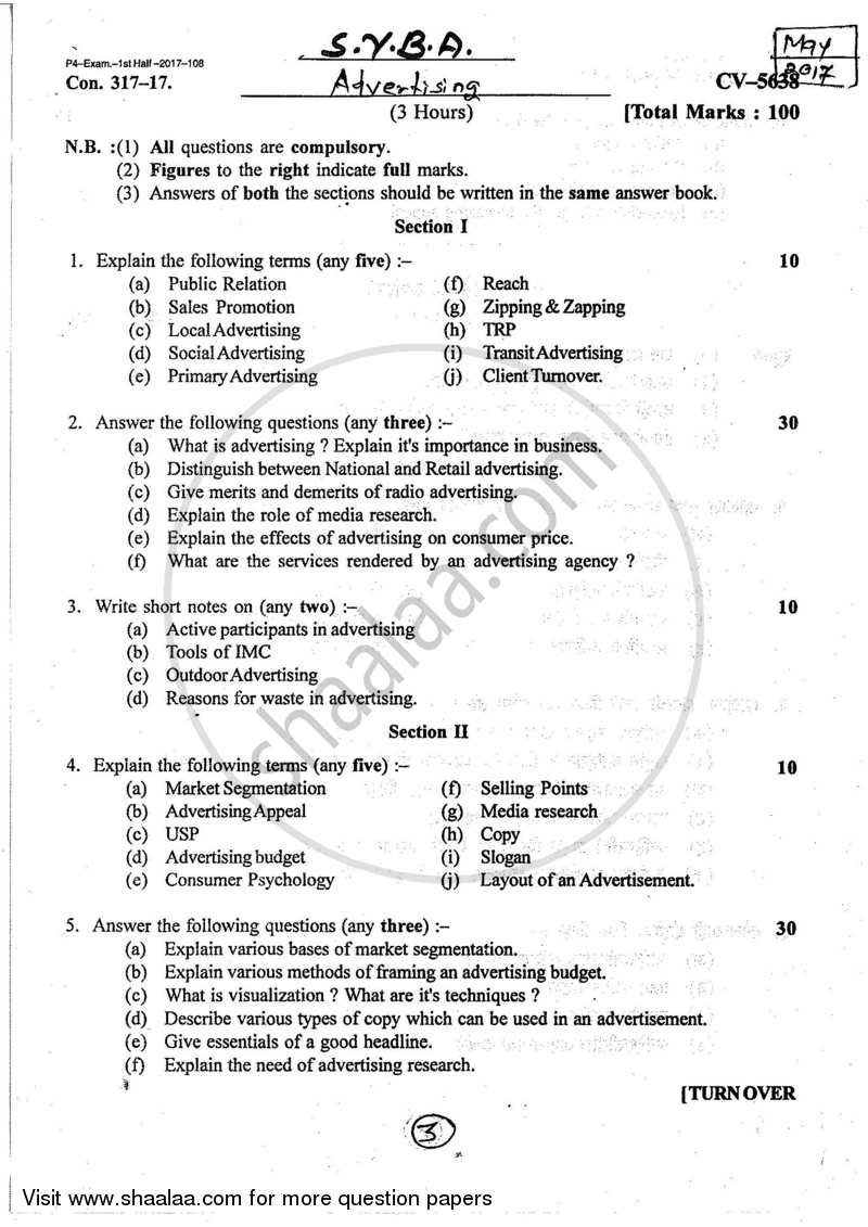 Advertising 2016-2017 - B.A. - 2nd Year (SYBA) - University of Mumbai question paper with PDF download