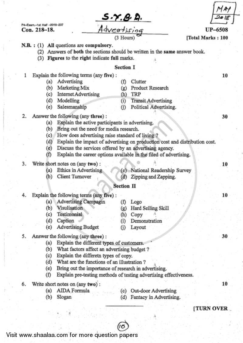 Advertising 2017-2018 - B.A. - 2nd Year (SYBA) - University of Mumbai question paper with PDF download