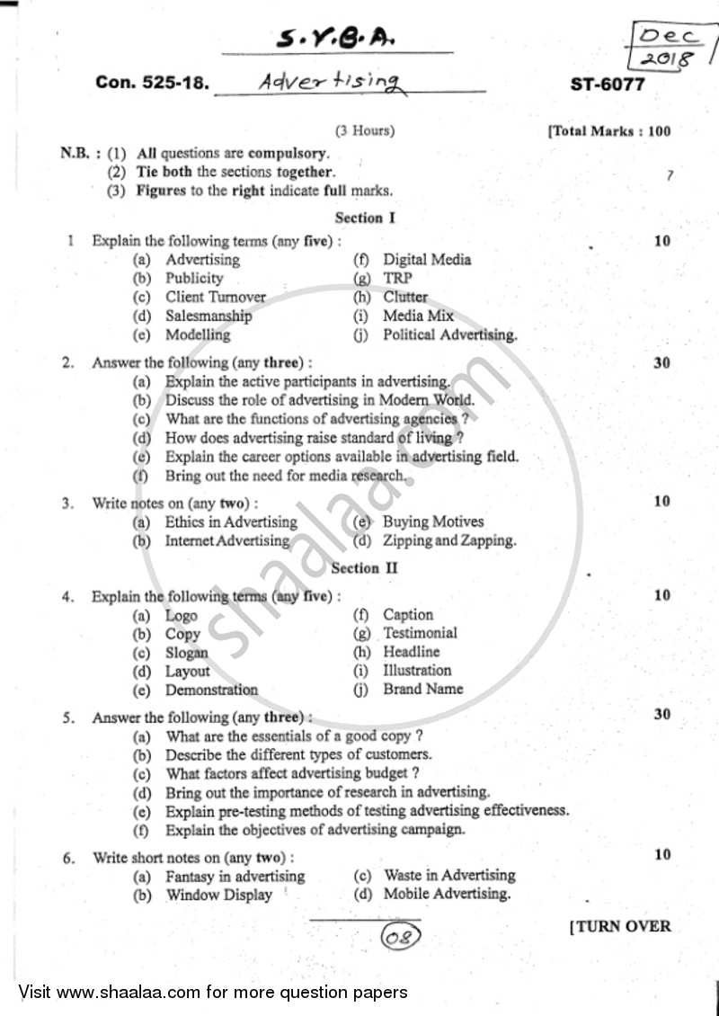 Advertising 2017-2018 - B.A. - 2nd Year (SYBA) - University of Mumbai question paper with PDF download