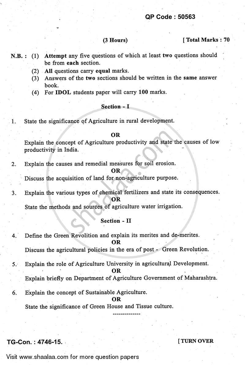 Agriculture and Its Significance in Rural Development 2014-2015 - B.A. - 3rd Year (TYBA) - University of Mumbai question paper with PDF download