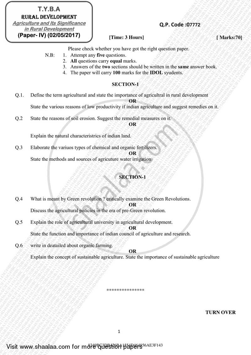Agriculture and Its Significance in Rural Development 2016-2017 - B.A. - 3rd Year (TYBA) - University of Mumbai question paper with PDF download