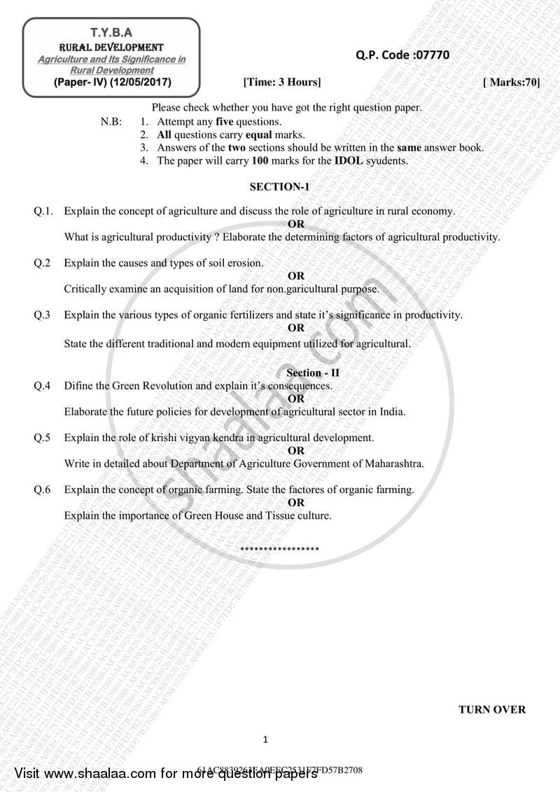 Agriculture and Its Significance in Rural Development 2016-2017 - B.A. - 3rd Year (TYBA) - University of Mumbai question paper with PDF download