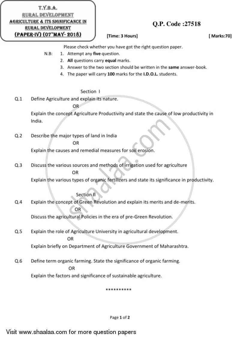 Agriculture and Its Significance in Rural Development 2017-2018 - B.A. - 3rd Year (TYBA) - University of Mumbai question paper with PDF download
