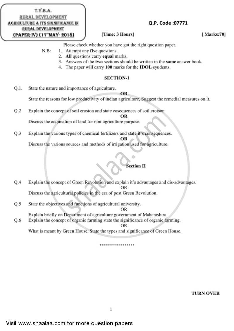 Agriculture and Its Significance in Rural Development 2017-2018 - B.A. - 3rd Year (TYBA) - University of Mumbai question paper with PDF download