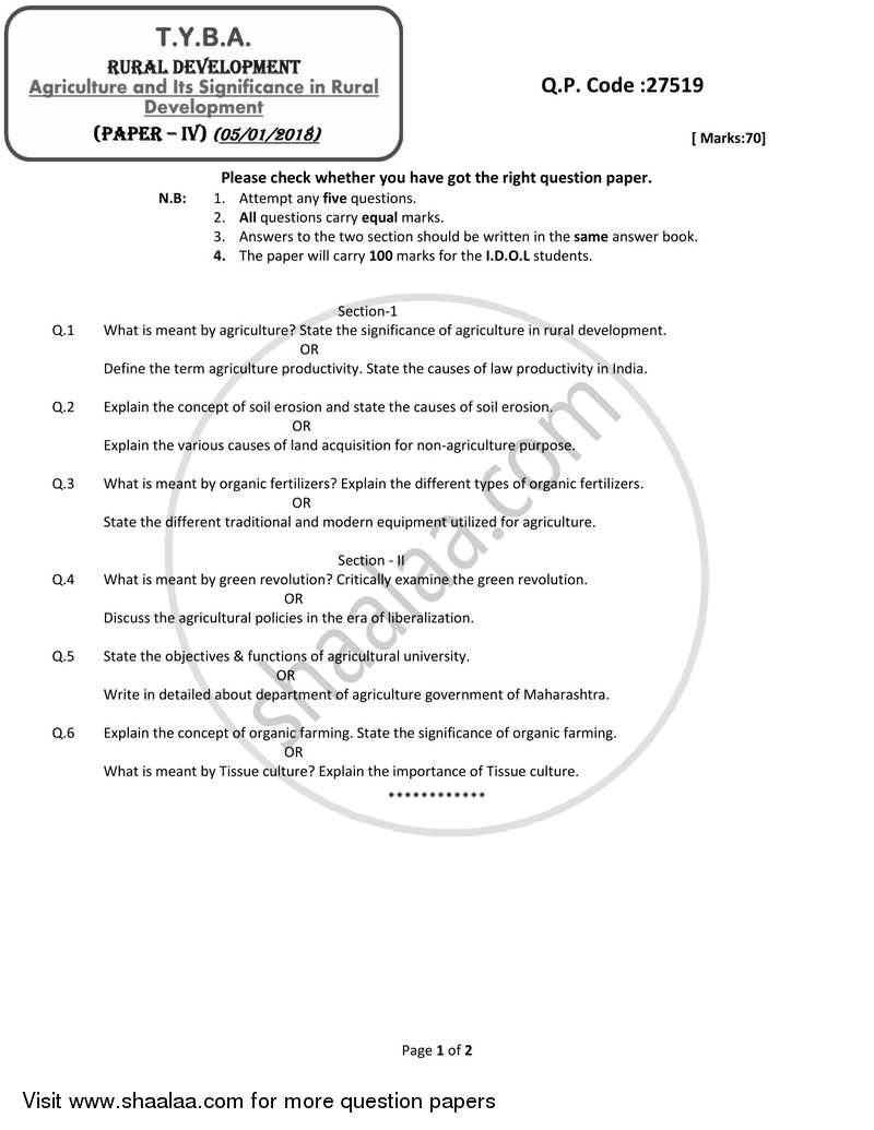 Agriculture and Its Significance in Rural Development 2017-2018 - B.A. - 3rd Year (TYBA) - University of Mumbai question paper with PDF download