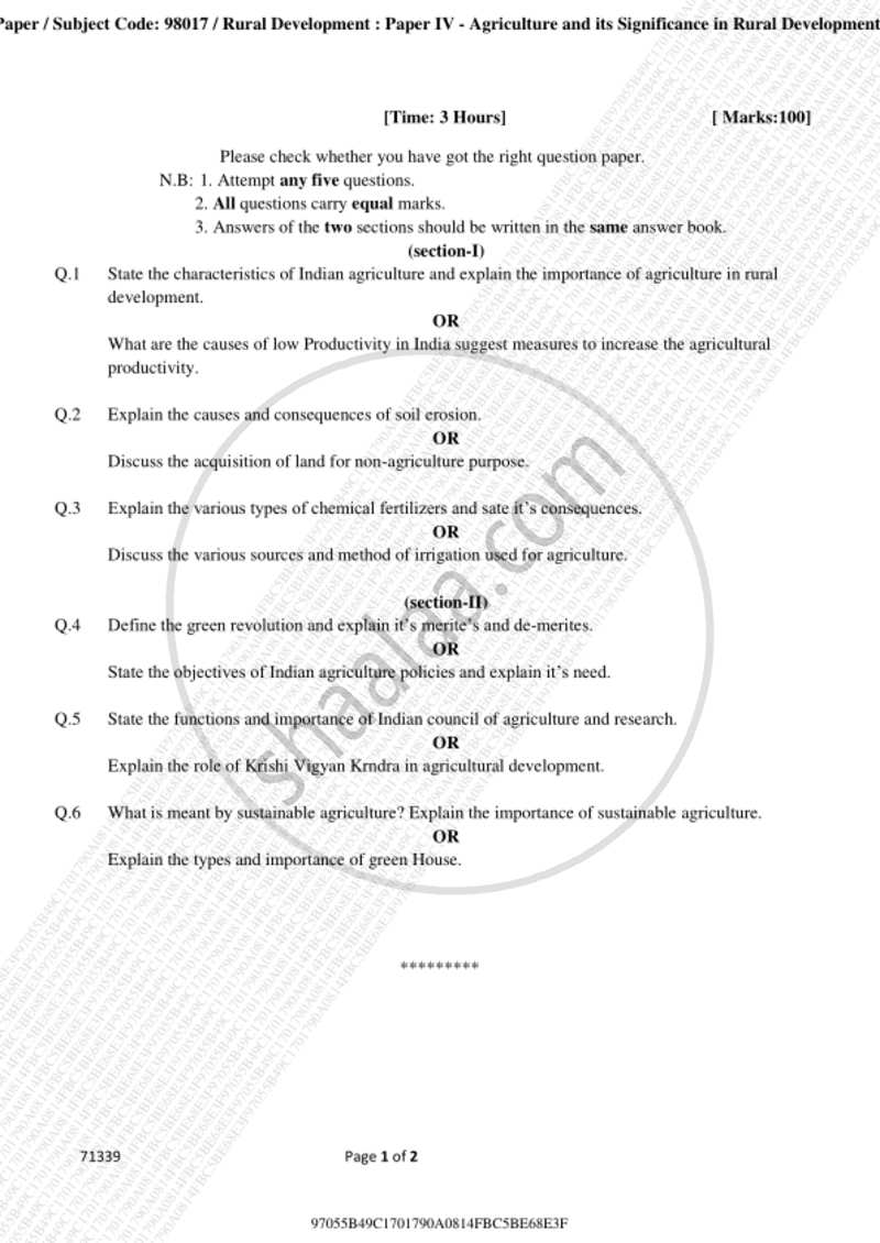 Agriculture and Its Significance in Rural Development 2018-2019 - B.A. - 3rd Year (TYBA) - University of Mumbai question paper with PDF download