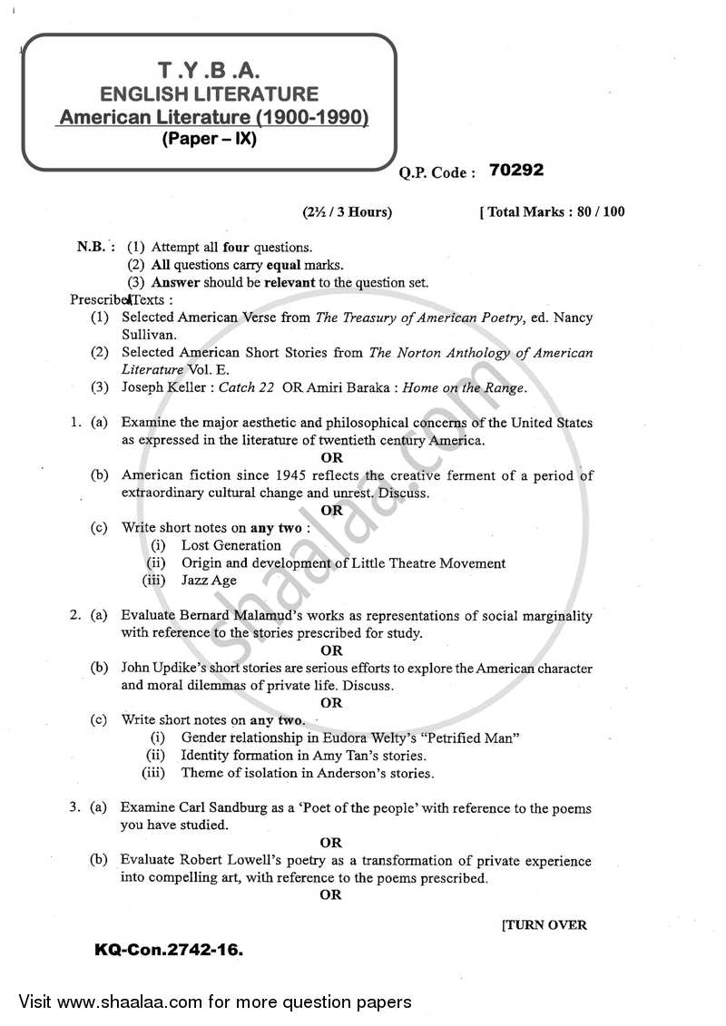 American Literature 2016-2017 - B.A. - Semester 3 (SYBA) - University of Mumbai question paper with PDF download