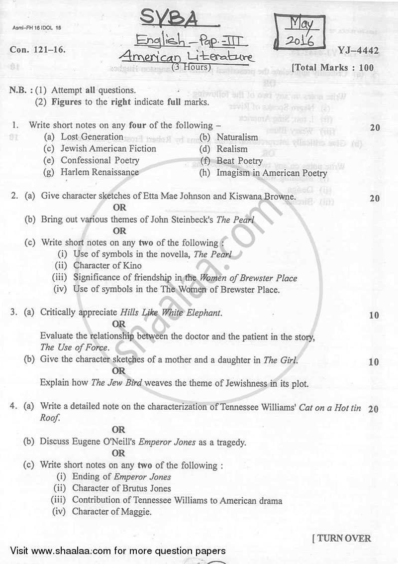 American Literature 2015-2016 - B.A. - 2nd Year (SYBA) - University of Mumbai question paper with PDF download