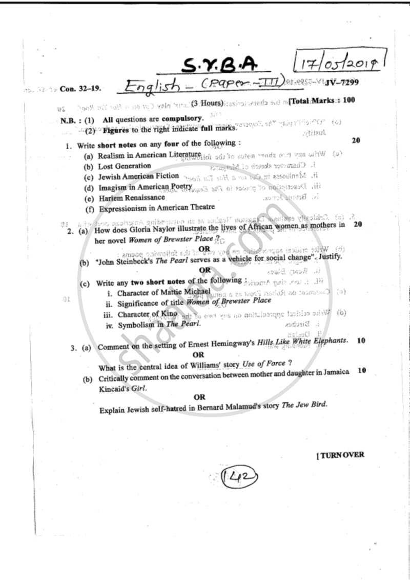 American Literature 2018-2019 - B.A. - 2nd Year (SYBA) - University of Mumbai question paper with PDF download