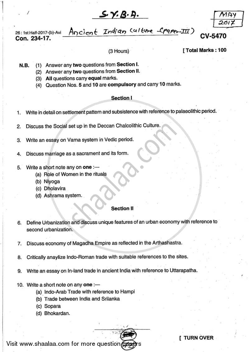 Ancient India (Up to 1000 Ad) 2016-2017 - B.A. - 2nd Year (SYBA) - University of Mumbai question paper with PDF download