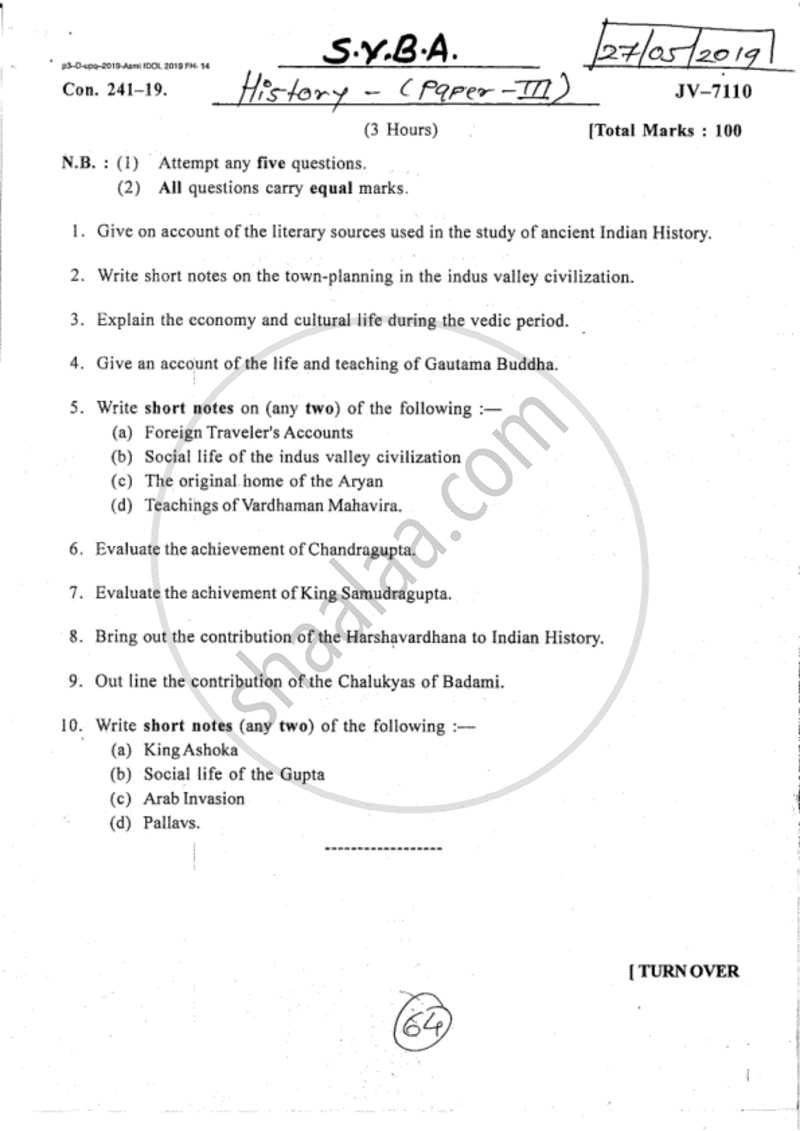 Ancient India (Up to 1000 Ad) 2018-2019 - B.A. - 2nd Year (SYBA) - University of Mumbai question paper with PDF download